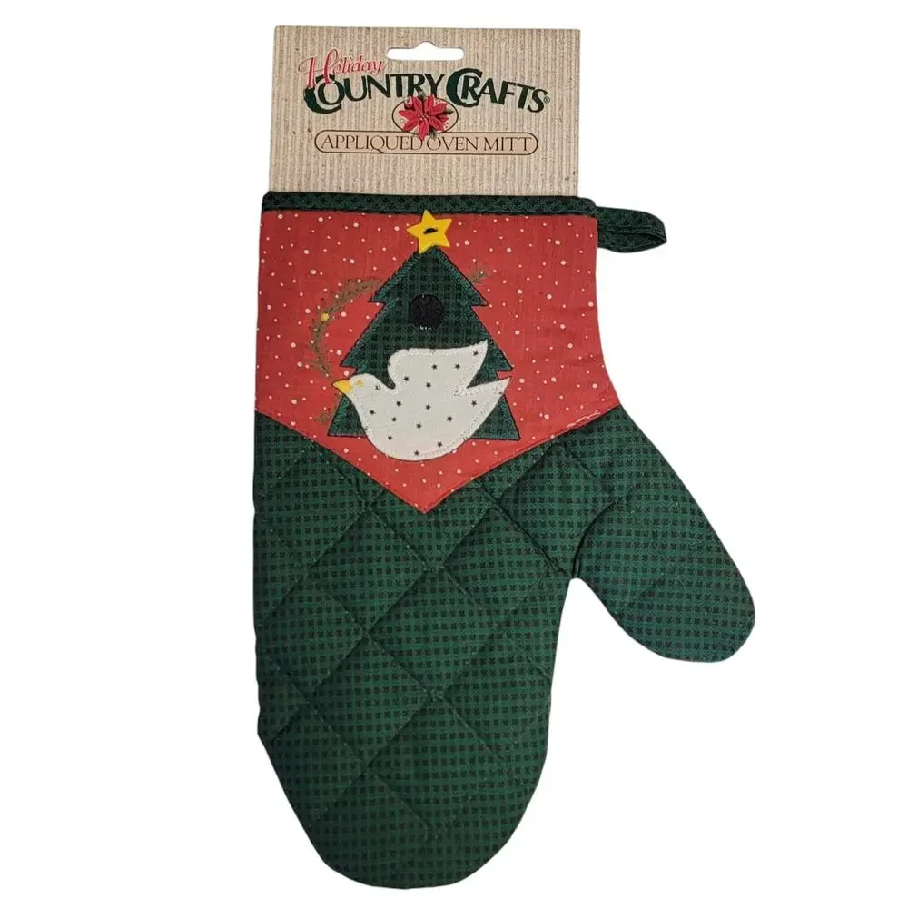 VTG 90s Christmas Oven Mitt Pot‎ Holder Set Tree Bird Applique Red Green Holiday